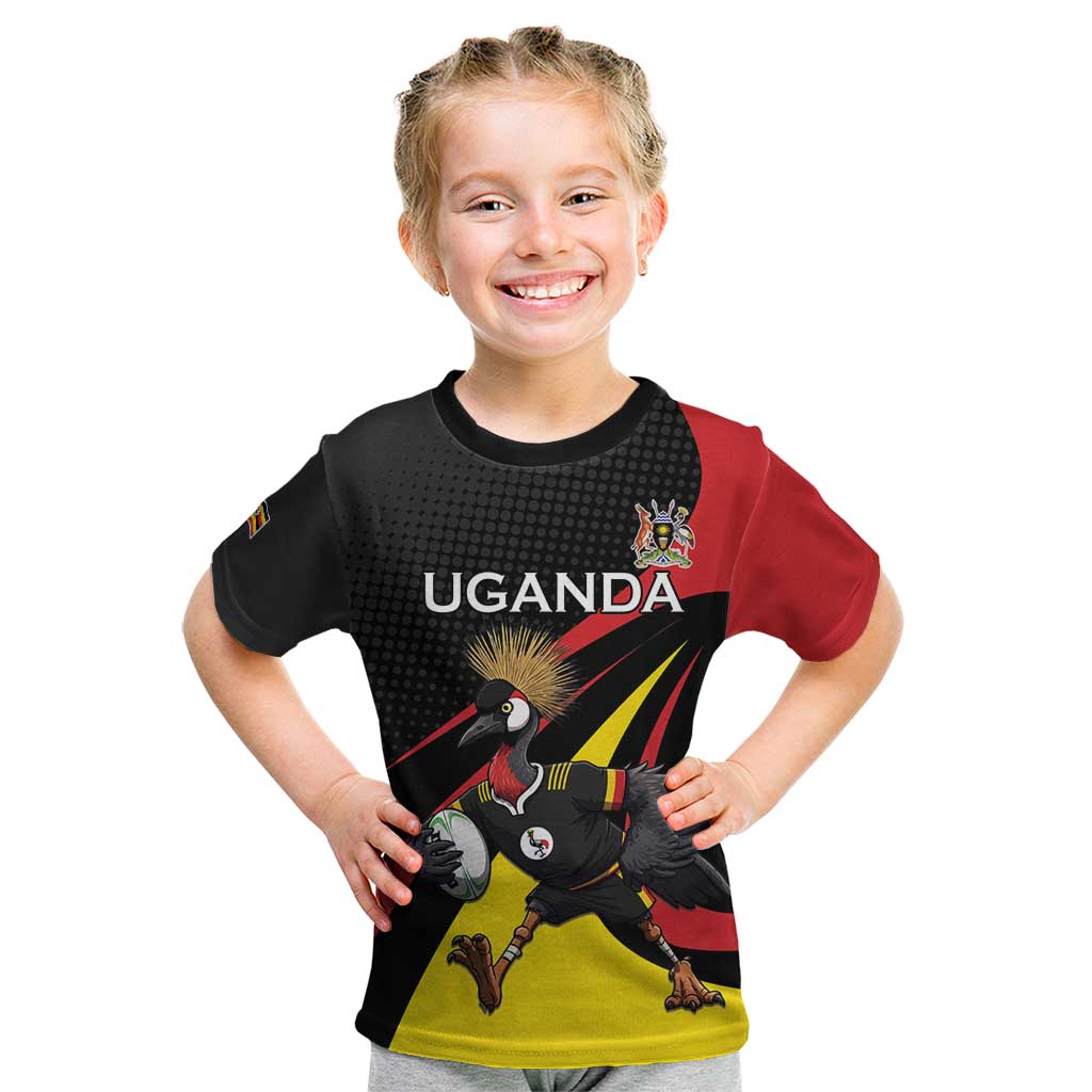 Uganda Rugby Custom Kid T Shirt Black Crowned Crane Mascot - Sporty Style
