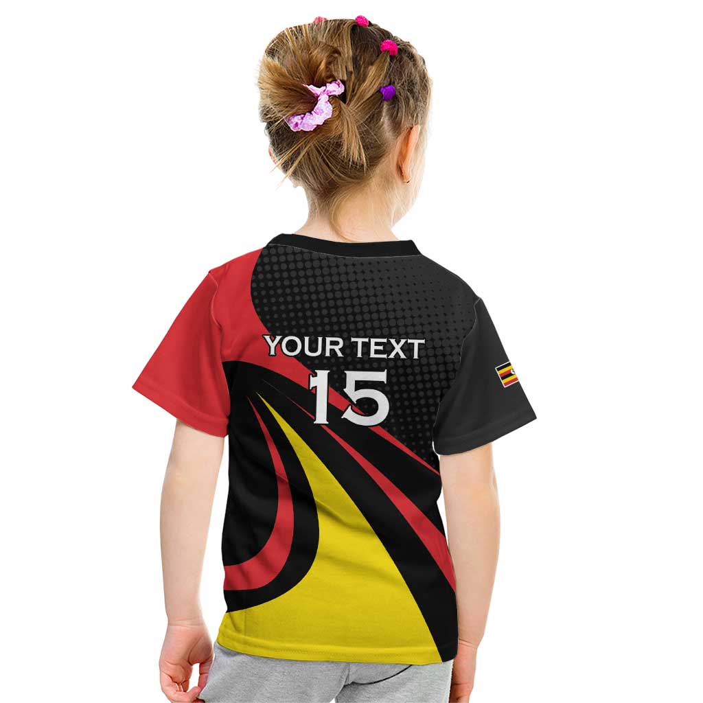 Uganda Rugby Custom Kid T Shirt Black Crowned Crane Mascot - Sporty Style