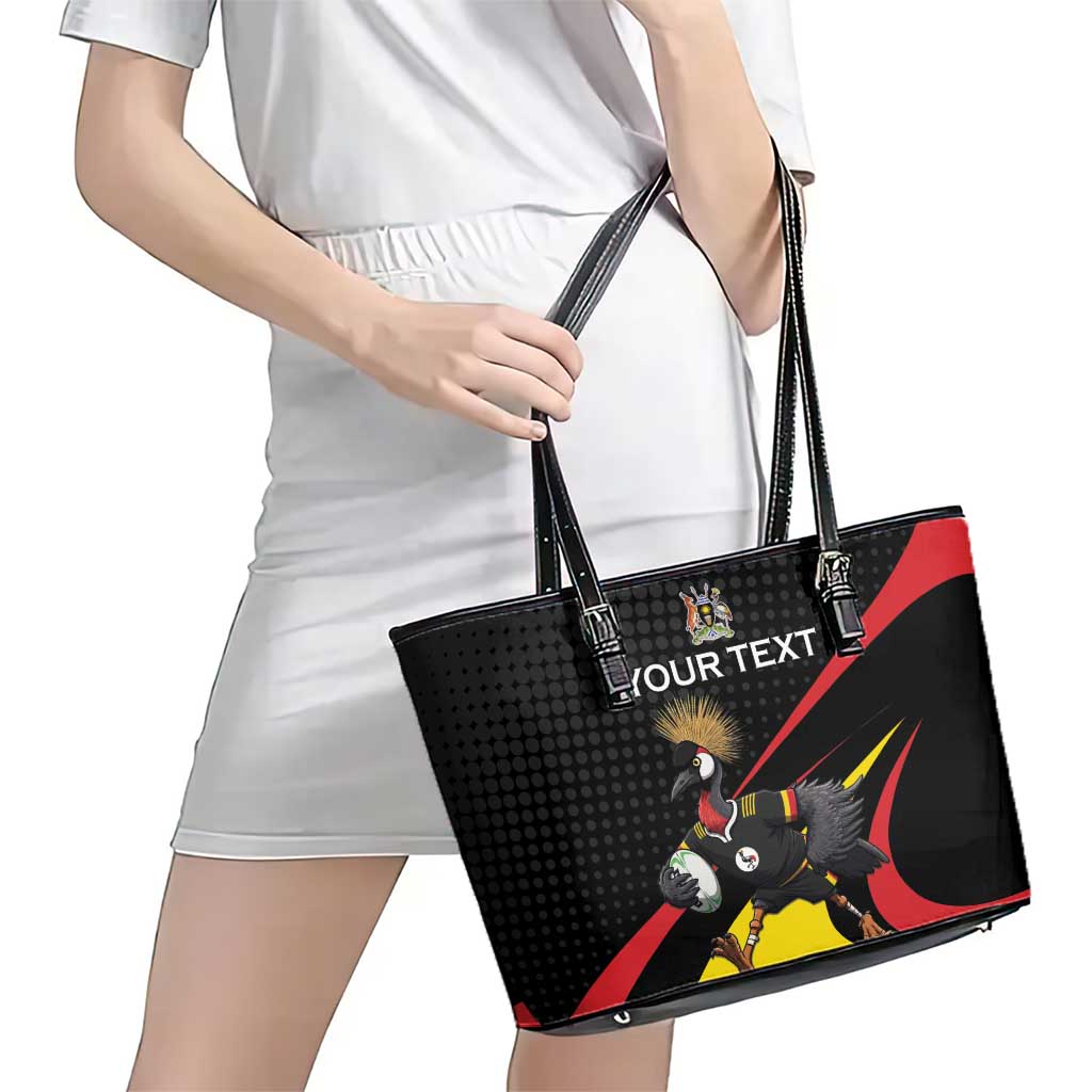 Uganda Rugby Custom Leather Tote Bag Black Crowned Crane Mascot - Sporty Style