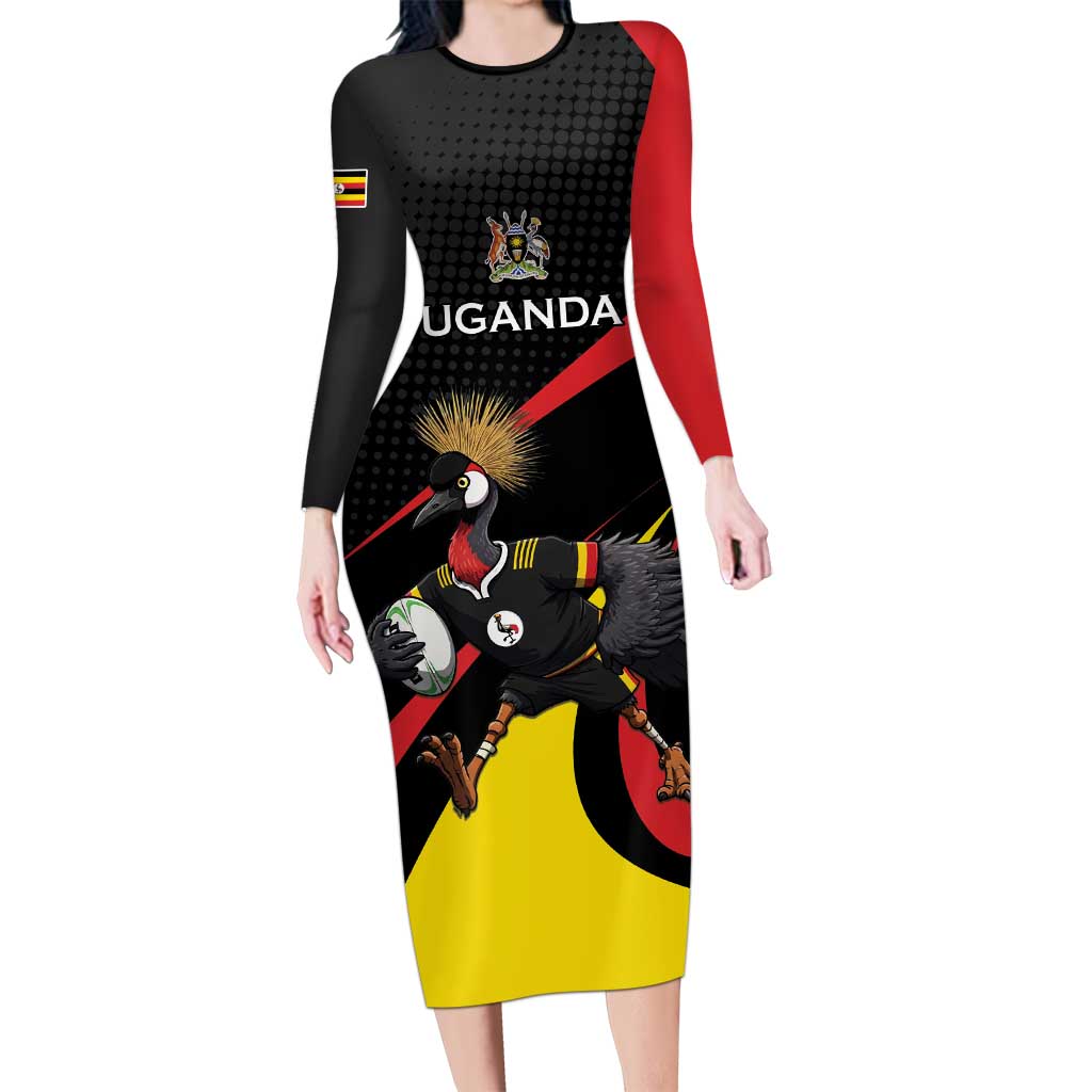 Uganda Rugby Custom Long Sleeve Bodycon Dress Black Crowned Crane Mascot - Sporty Style