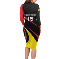 Uganda Rugby Custom Long Sleeve Bodycon Dress Black Crowned Crane Mascot - Sporty Style