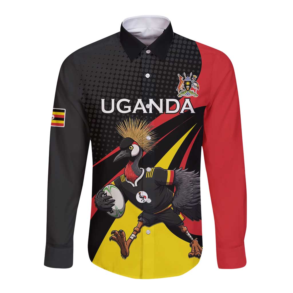 Uganda Rugby Custom Long Sleeve Button Shirt Black Crowned Crane Mascot - Sporty Style