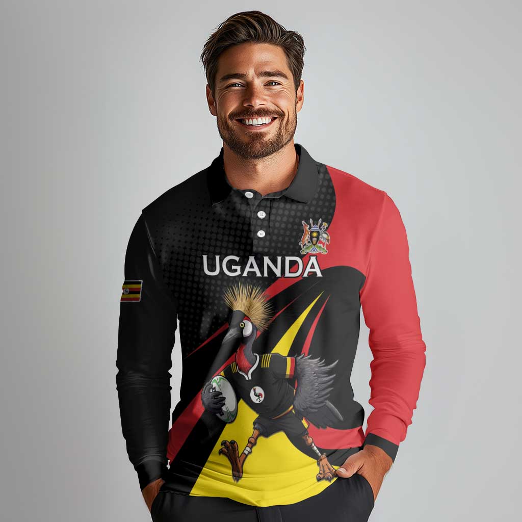 Uganda Rugby Custom Long Sleeve Polo Shirt Black Crowned Crane Mascot - Sporty Style