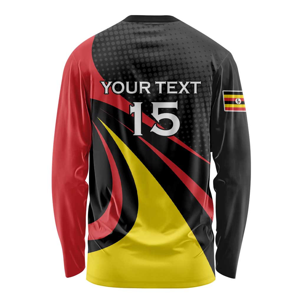 Uganda Rugby Custom Long Sleeve Shirt Black Crowned Crane Mascot - Sporty Style