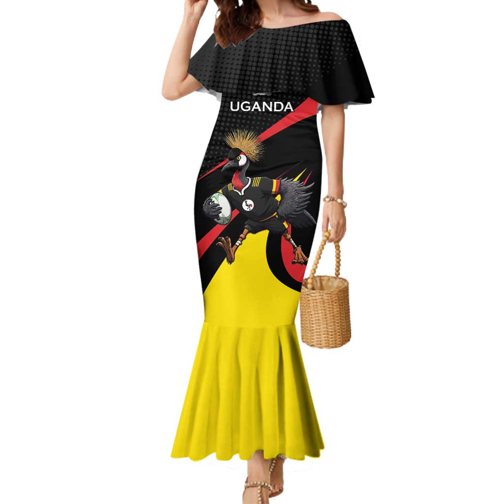 Uganda Rugby Custom Mermaid Dress Black Crowned Crane Mascot - Sporty Style