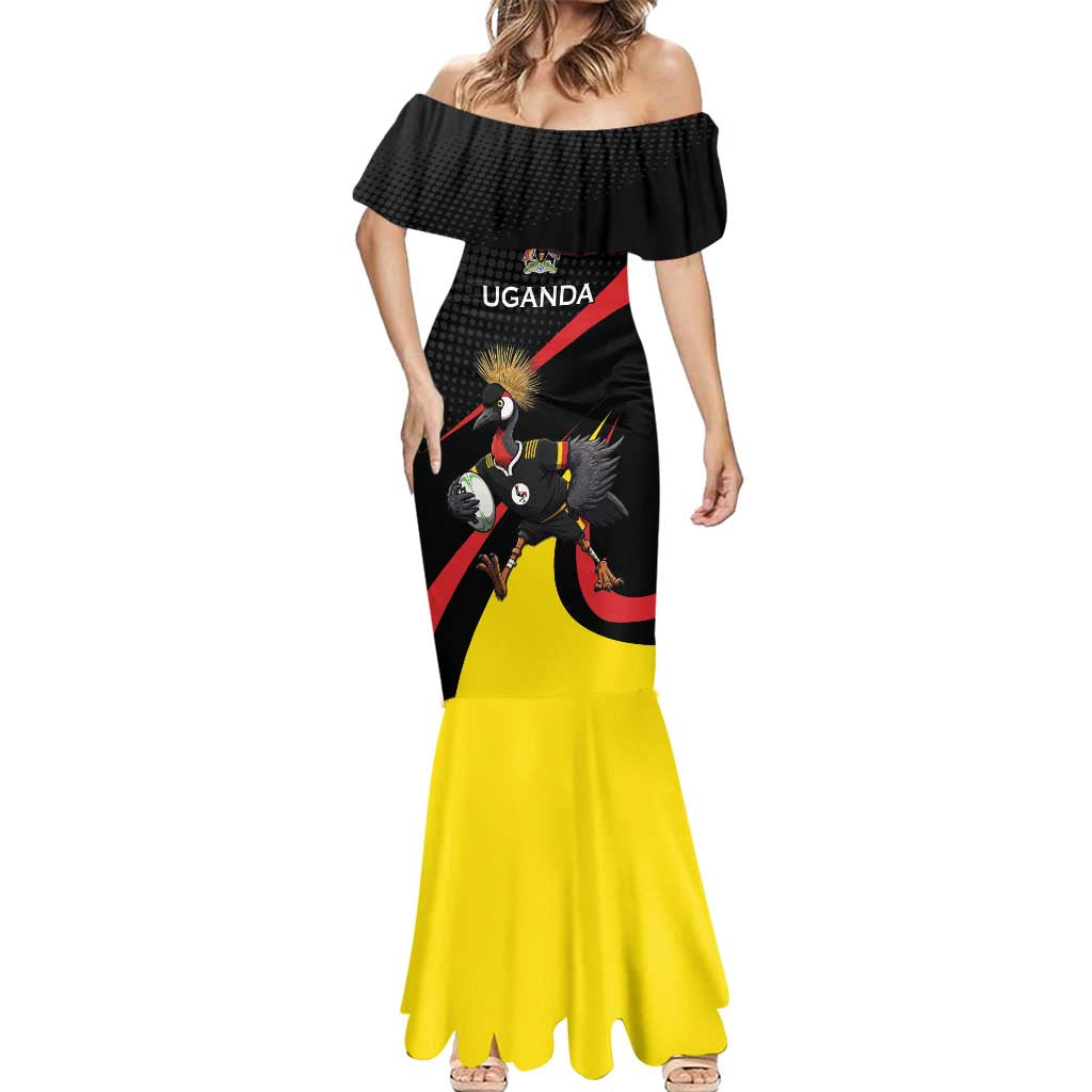 Uganda Rugby Custom Mermaid Dress Black Crowned Crane Mascot - Sporty Style