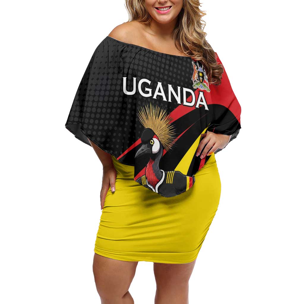 Uganda Rugby Custom Off Shoulder Short Dress Black Crowned Crane Mascot - Sporty Style