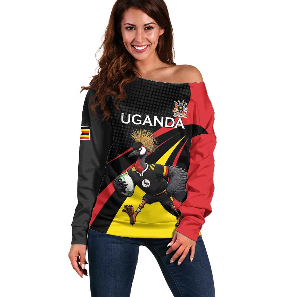 Uganda Rugby Custom Off Shoulder Sweater Black Crowned Crane Mascot - Sporty Style