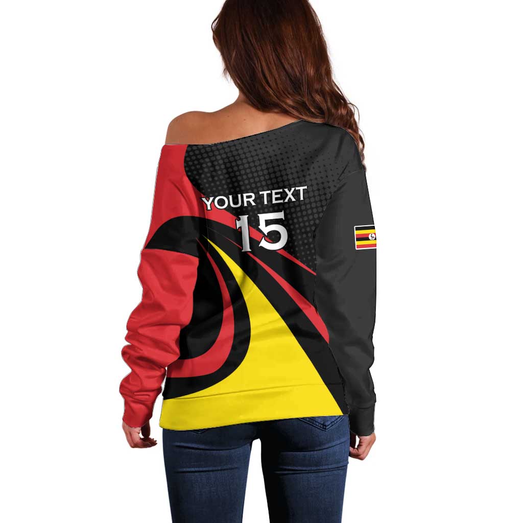 Uganda Rugby Custom Off Shoulder Sweater Black Crowned Crane Mascot - Sporty Style