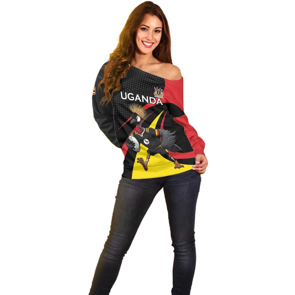 Uganda Rugby Custom Off Shoulder Sweater Black Crowned Crane Mascot - Sporty Style