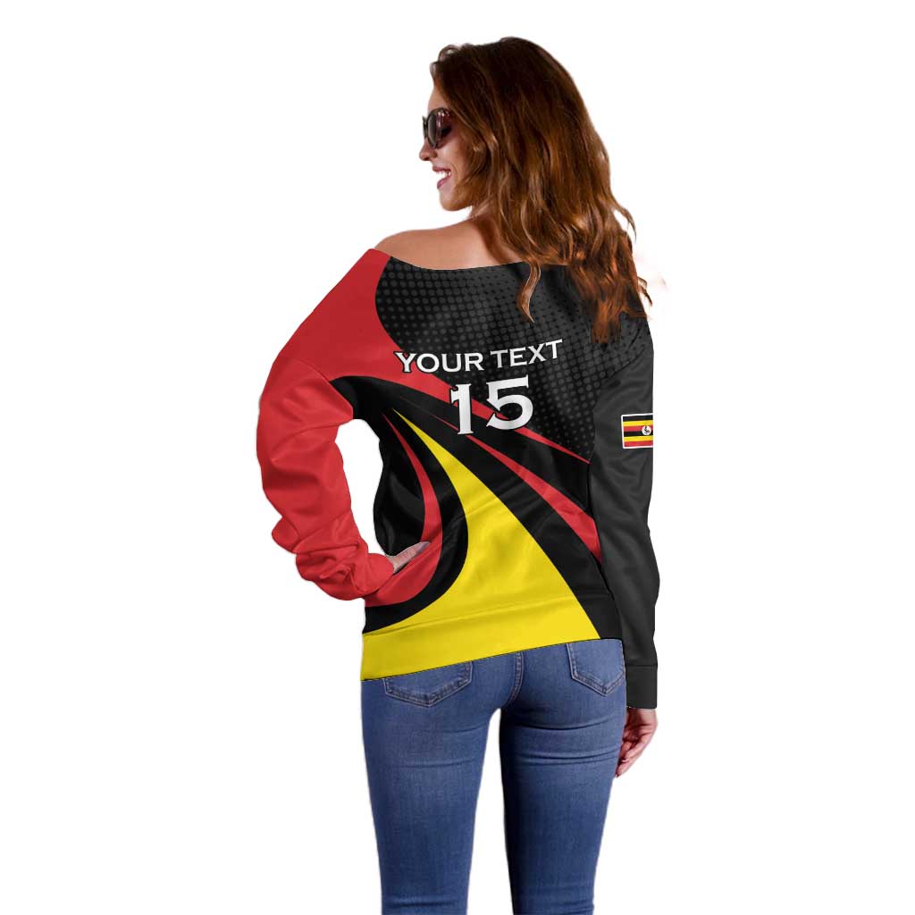 Uganda Rugby Custom Off Shoulder Sweater Black Crowned Crane Mascot - Sporty Style