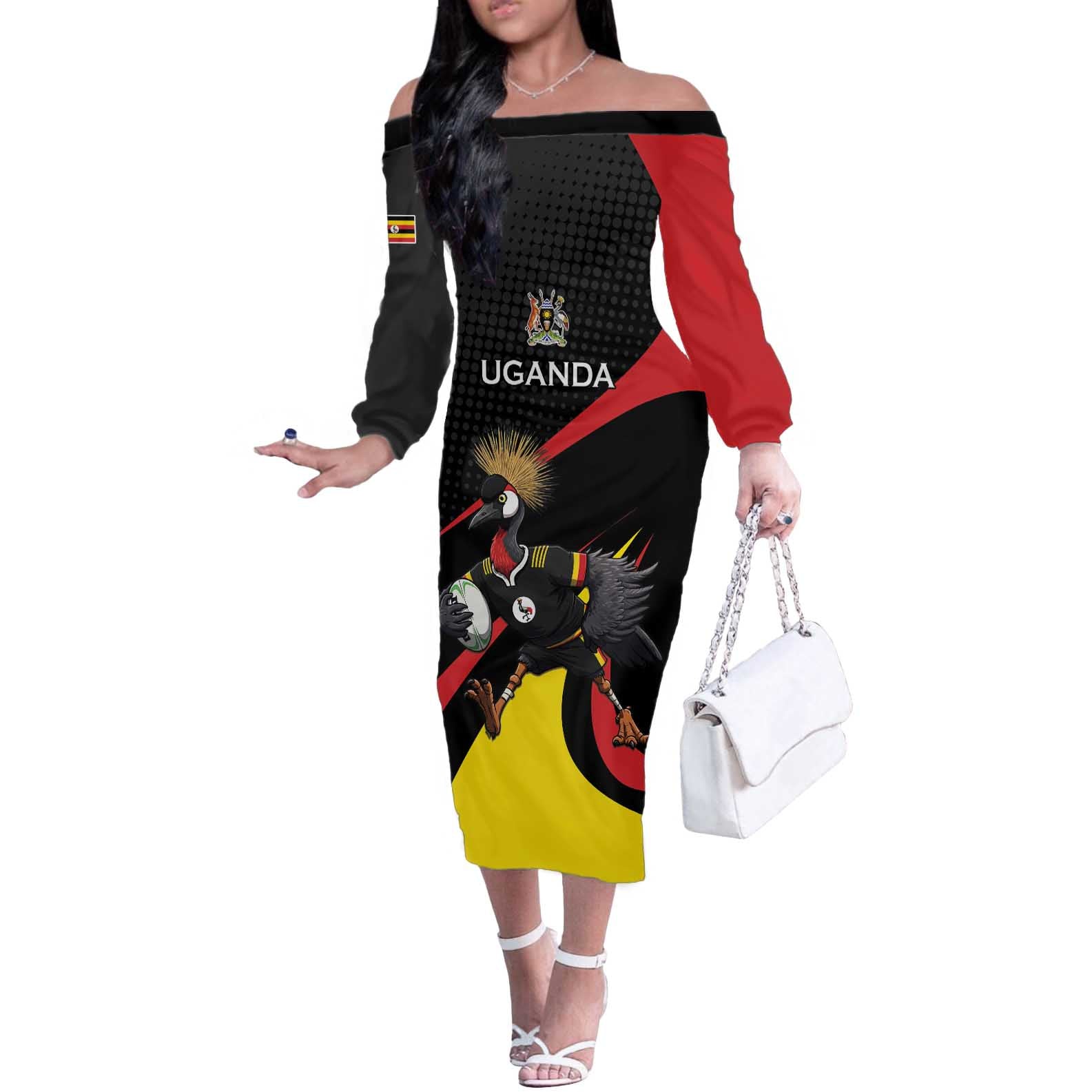 Uganda Rugby Custom Off The Shoulder Long Sleeve Dress Black Crowned Crane Mascot - Sporty Style