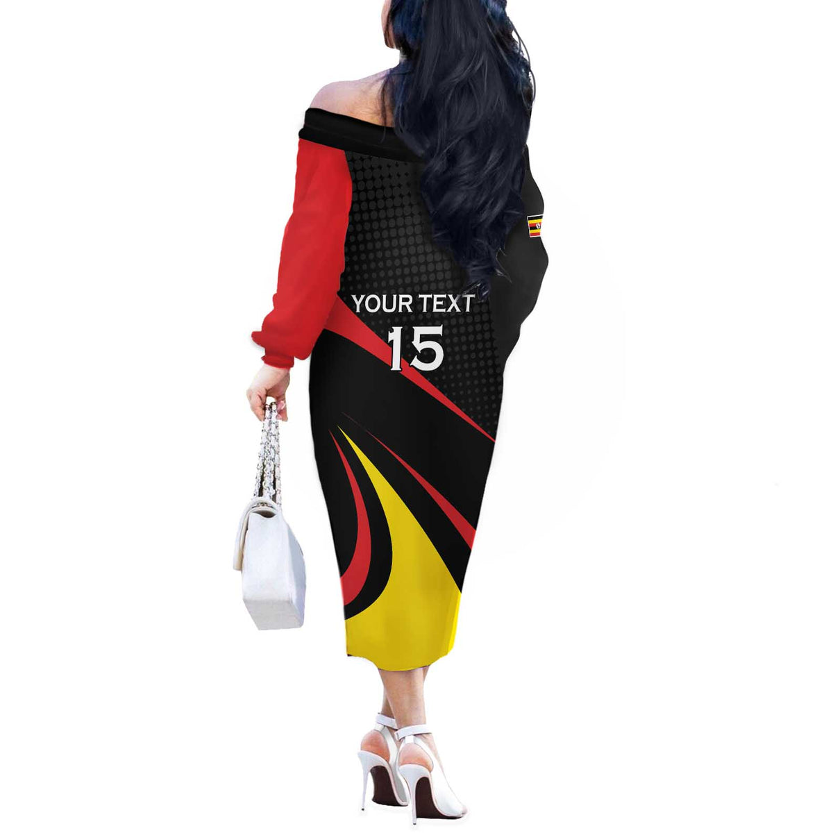 Uganda Rugby Custom Off The Shoulder Long Sleeve Dress Black Crowned Crane Mascot - Sporty Style