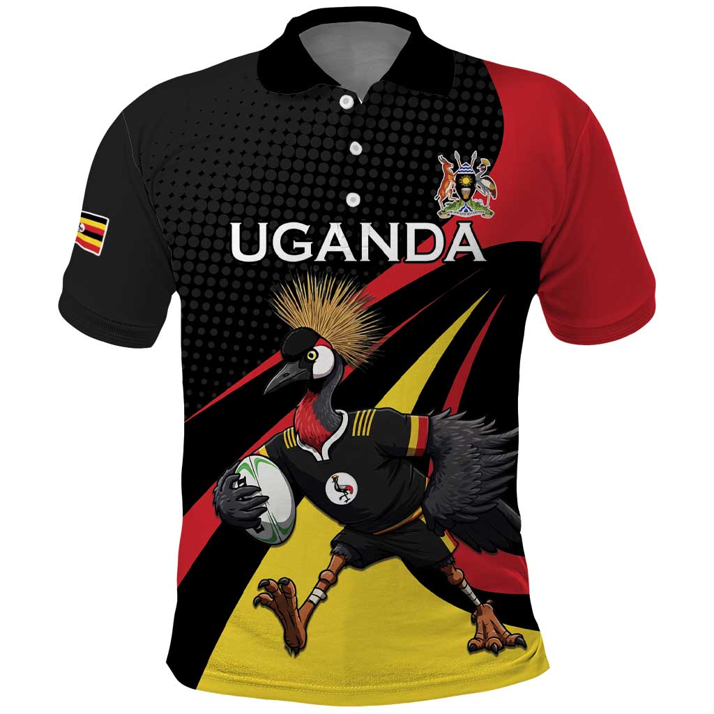 Uganda Rugby Custom Polo Shirt Black Crowned Crane Mascot - Sporty Style