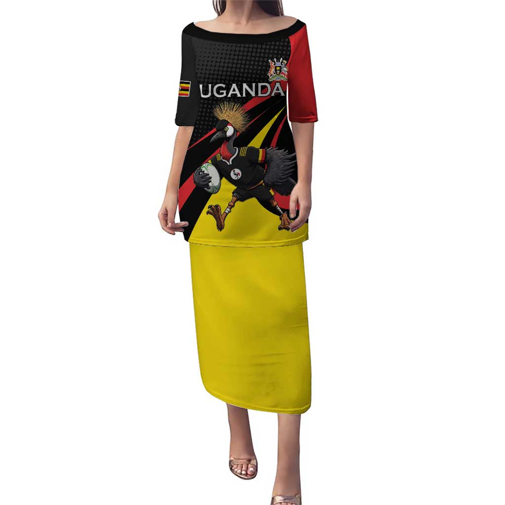 Uganda Rugby Custom Puletasi Black Crowned Crane Mascot - Sporty Style