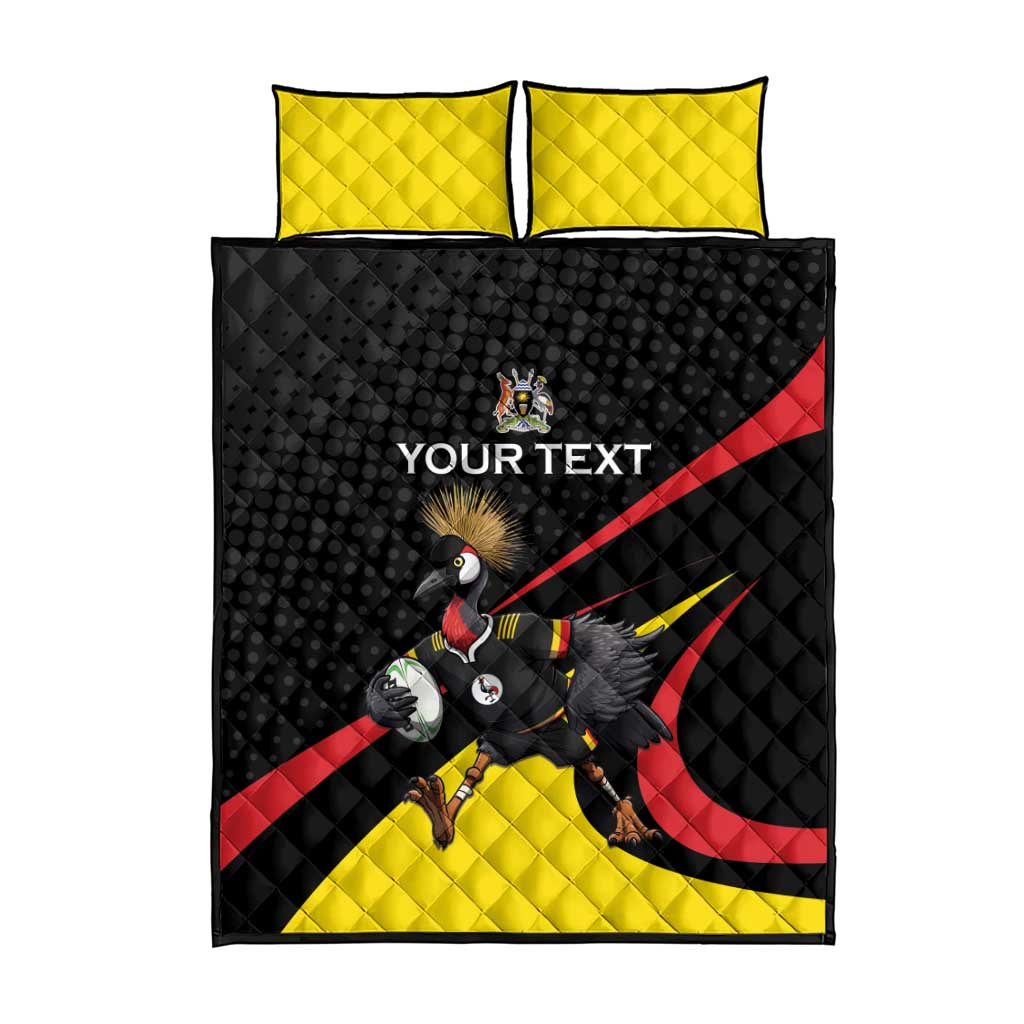 Uganda Rugby Custom Quilt Bed Set Black Crowned Crane Mascot - Sporty Style