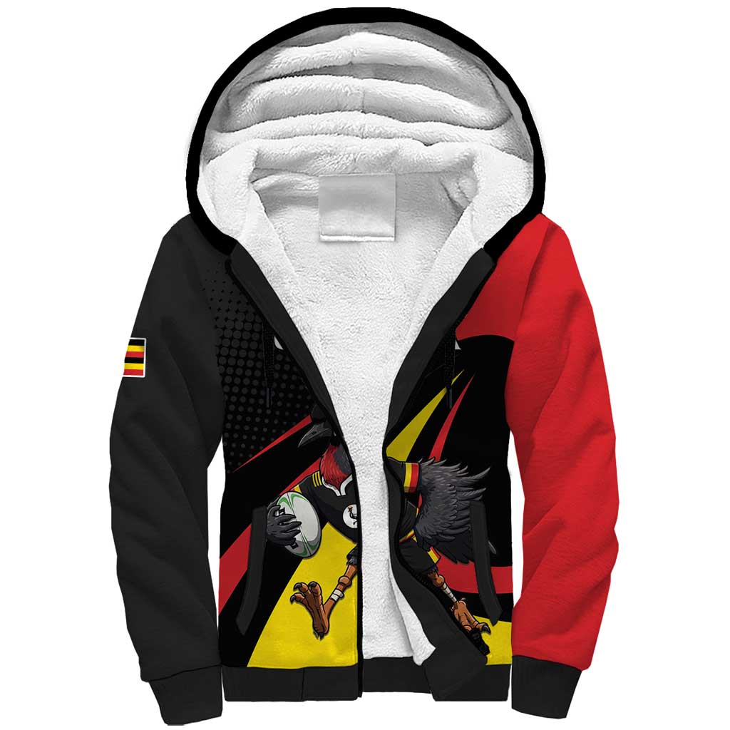 Uganda Rugby Custom Sherpa Hoodie Black Crowned Crane Mascot - Sporty Style