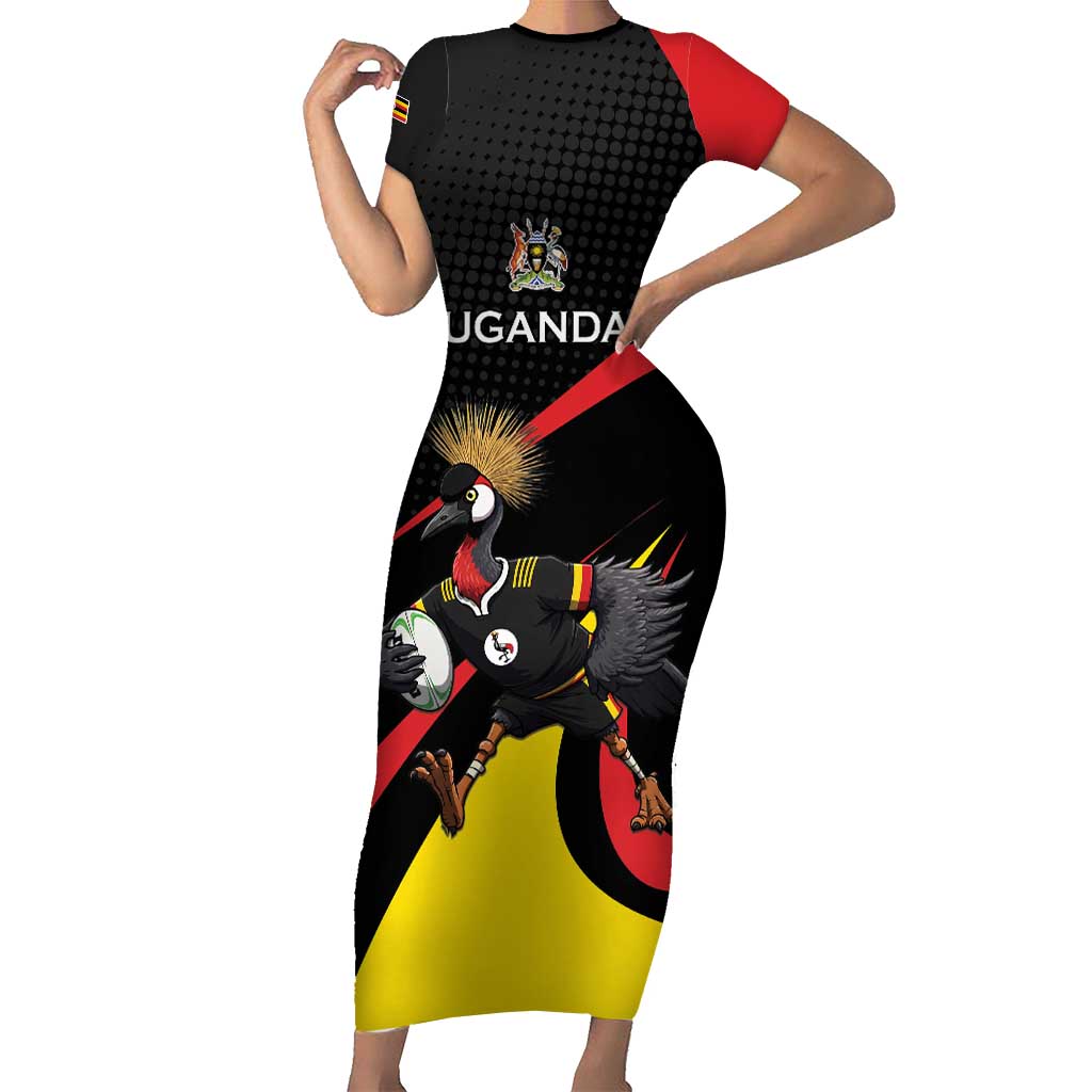 Uganda Rugby Custom Short Sleeve Bodycon Dress Black Crowned Crane Mascot - Sporty Style