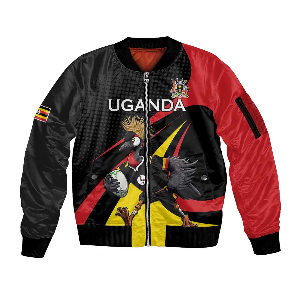Uganda Rugby Custom Sleeve Zip Bomber Jacket Black Crowned Crane Mascot - Sporty Style