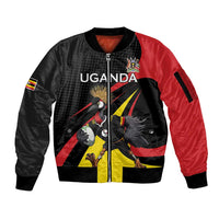 Uganda Rugby Custom Sleeve Zip Bomber Jacket Black Crowned Crane Mascot - Sporty Style