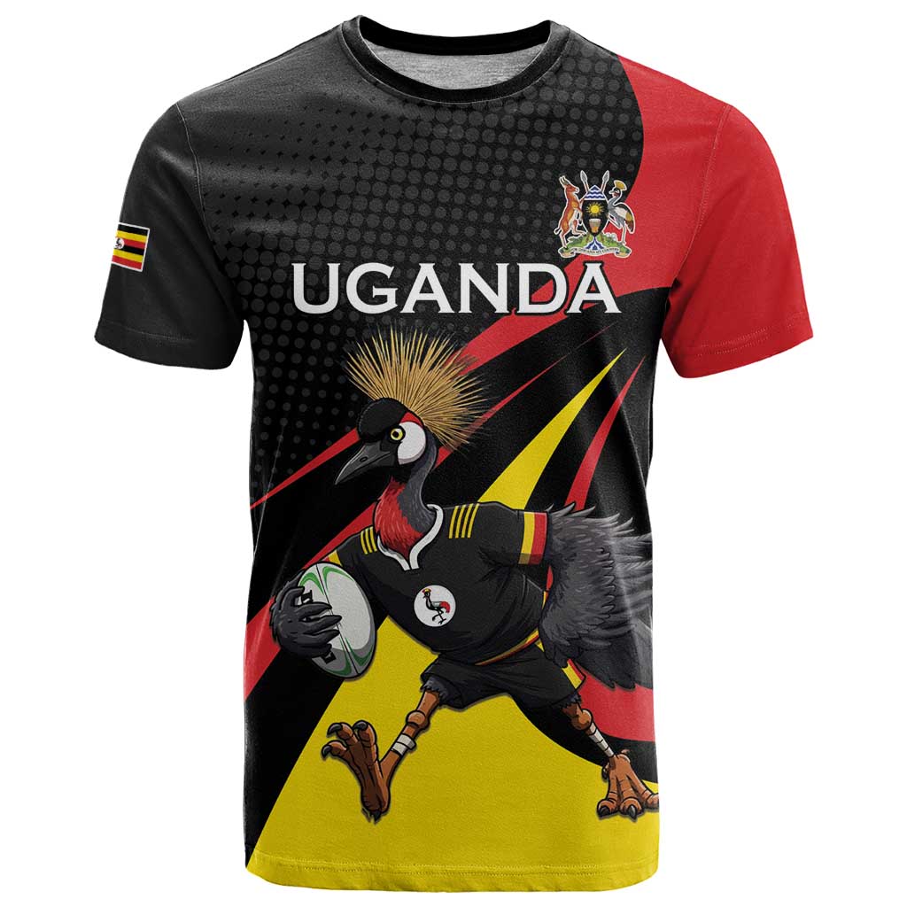 Uganda Rugby Custom T Shirt Black Crowned Crane Mascot - Sporty Style
