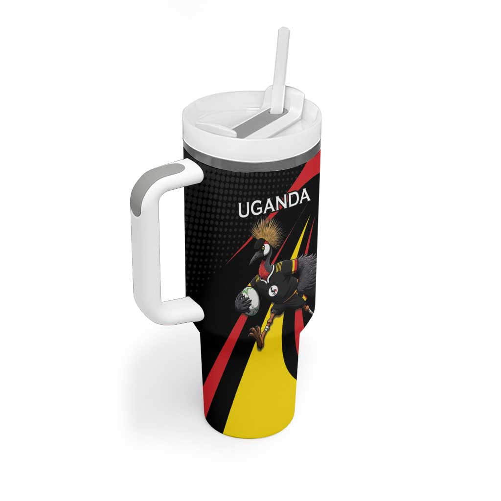 Uganda Rugby Custom Tumbler With Handle Black Crowned Crane Mascot - Sporty Style