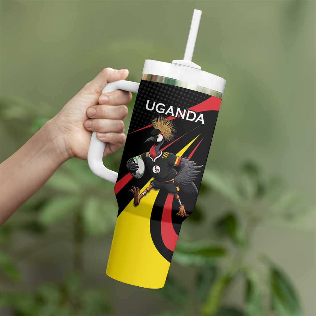 Uganda Rugby Custom Tumbler With Handle Black Crowned Crane Mascot - Sporty Style