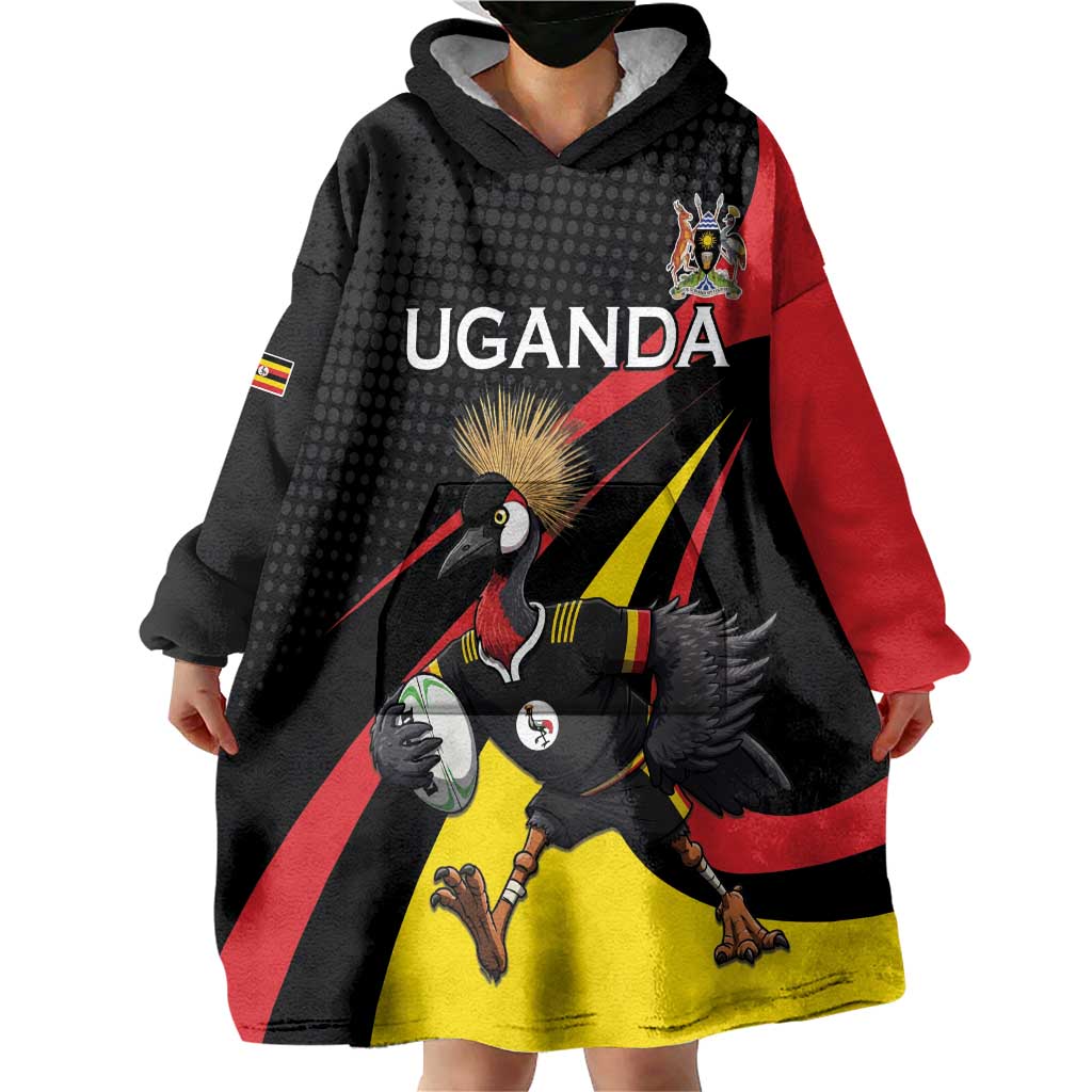 Uganda Rugby Custom Wearable Blanket Hoodie Black Crowned Crane Mascot - Sporty Style