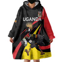 Uganda Rugby Custom Wearable Blanket Hoodie Black Crowned Crane Mascot - Sporty Style