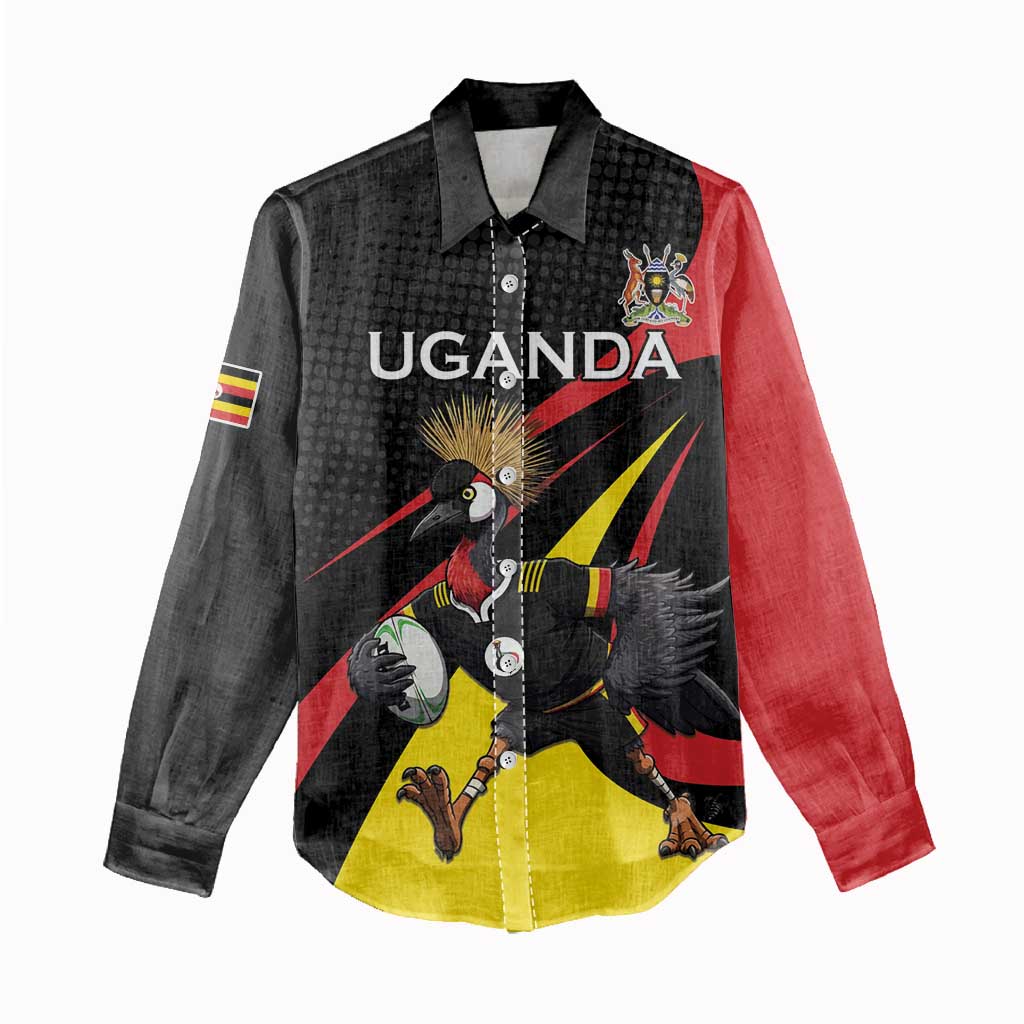 Uganda Rugby Custom Women Casual Shirt Black Crowned Crane Mascot - Sporty Style