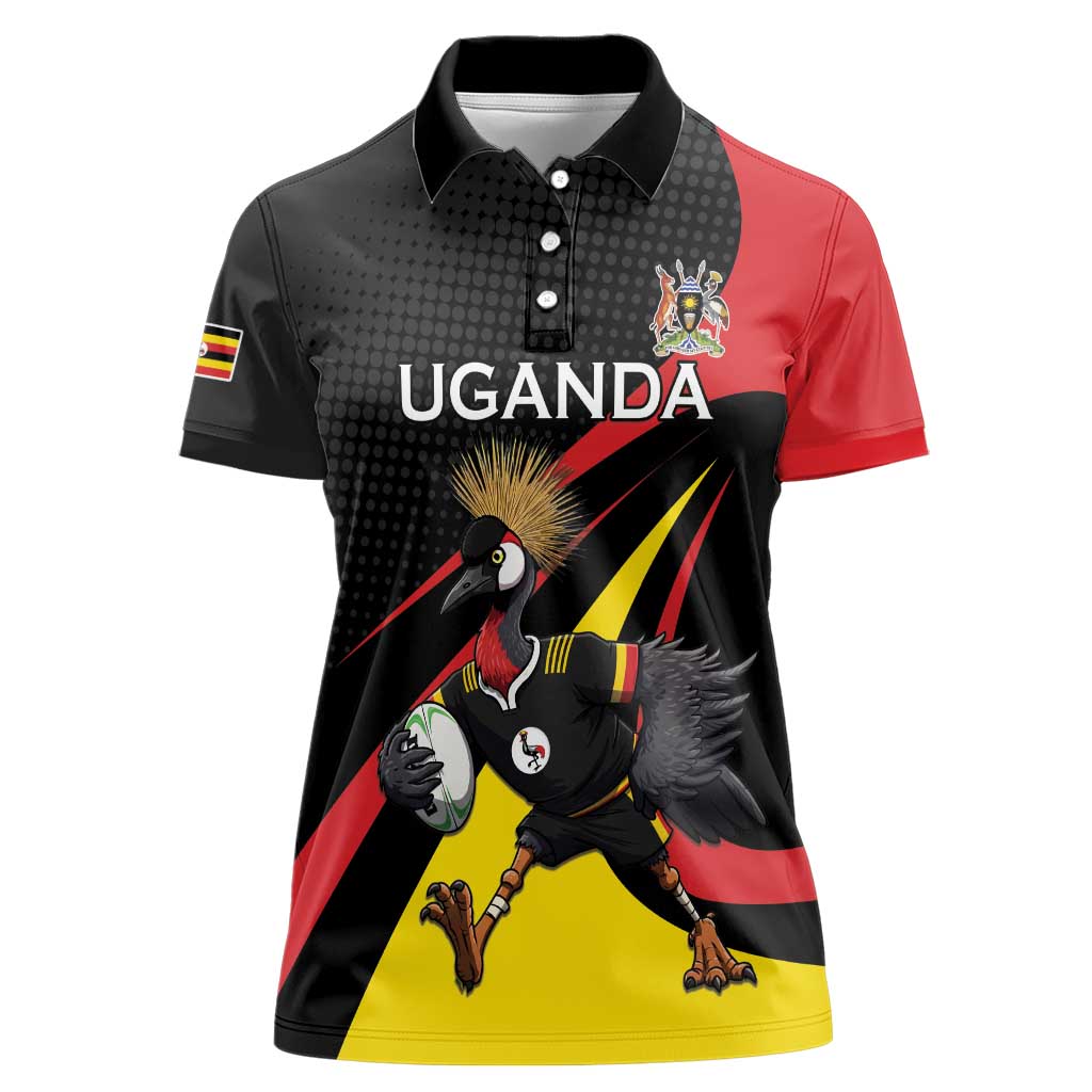 Uganda Rugby Custom Women Polo Shirt Black Crowned Crane Mascot - Sporty Style