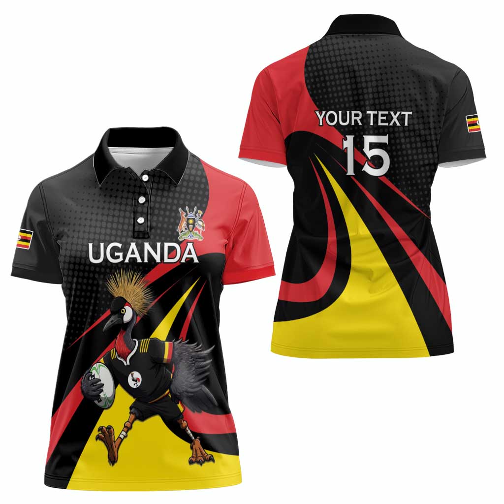 Uganda Rugby Custom Women Polo Shirt Black Crowned Crane Mascot - Sporty Style