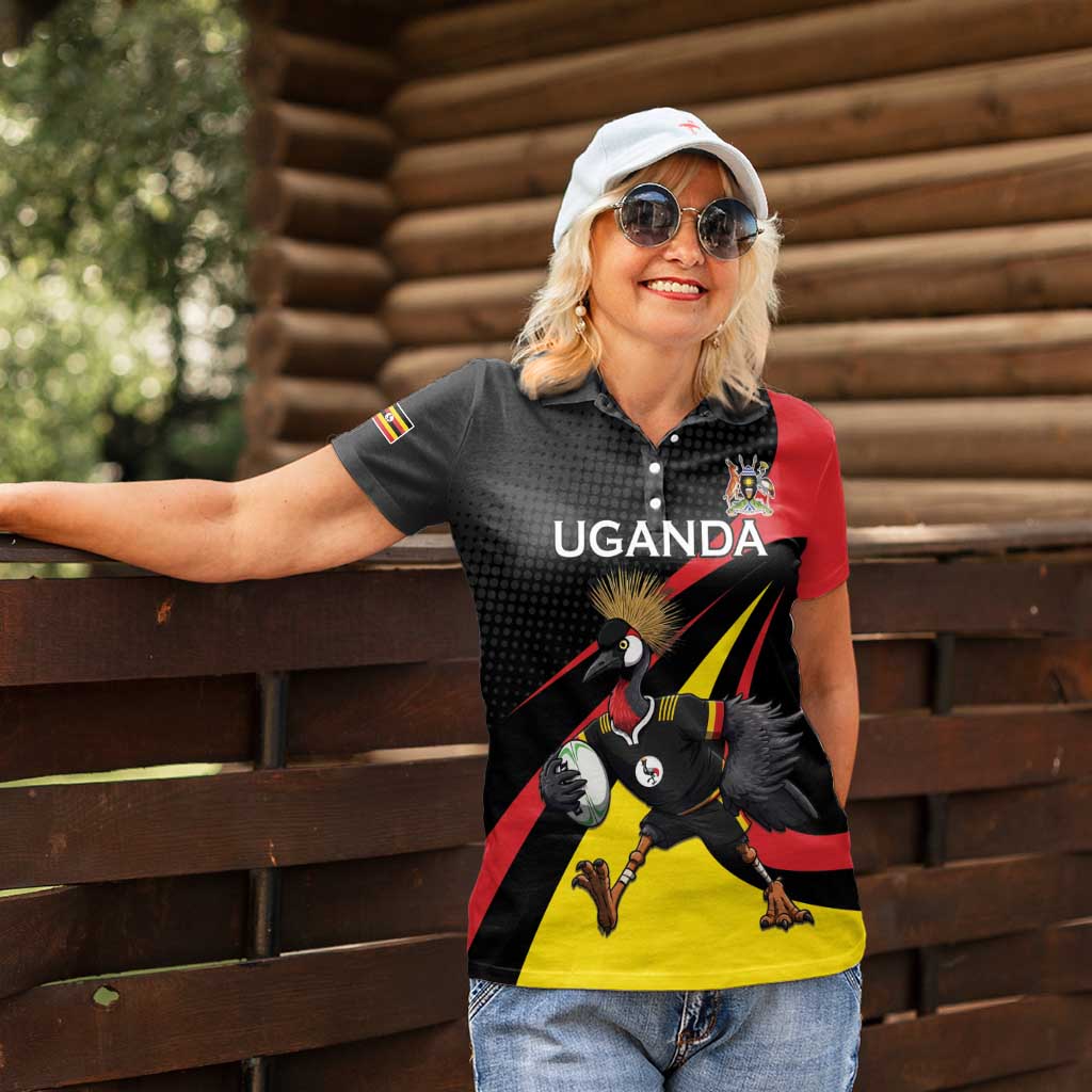 Uganda Rugby Custom Women Polo Shirt Black Crowned Crane Mascot - Sporty Style