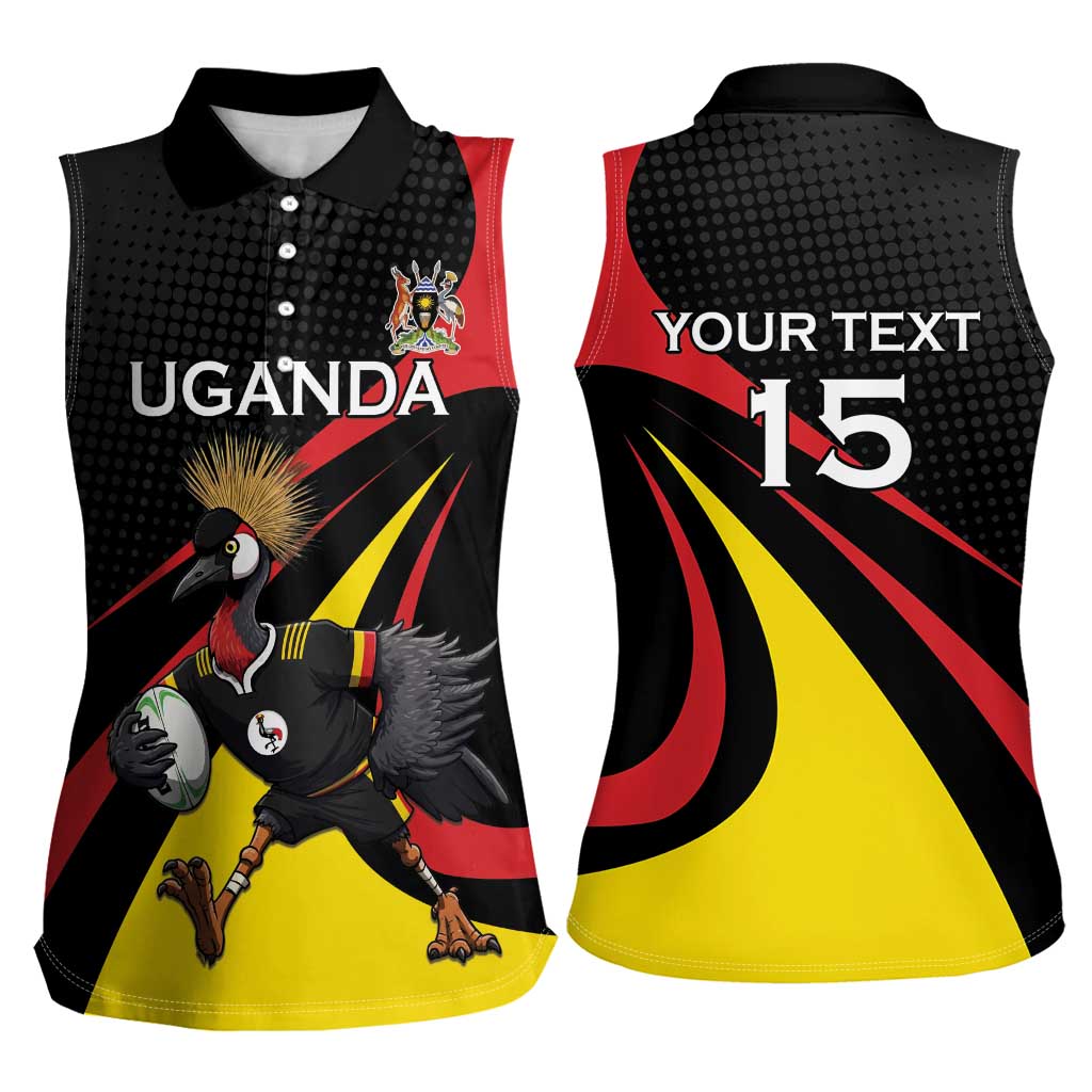 Uganda Rugby Custom Women Sleeveless Polo Shirt Black Crowned Crane Mascot - Sporty Style