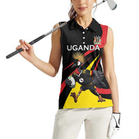 Uganda Rugby Custom Women Sleeveless Polo Shirt Black Crowned Crane Mascot - Sporty Style