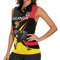 Uganda Rugby Custom Women Sleeveless Polo Shirt Black Crowned Crane Mascot - Sporty Style