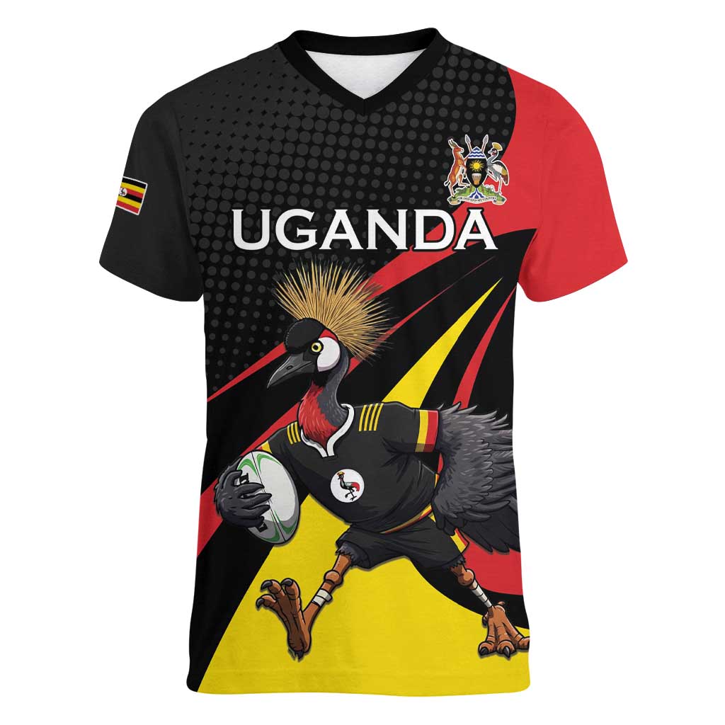 Uganda Rugby Custom Women V-Neck T-Shirt Black Crowned Crane Mascot - Sporty Style
