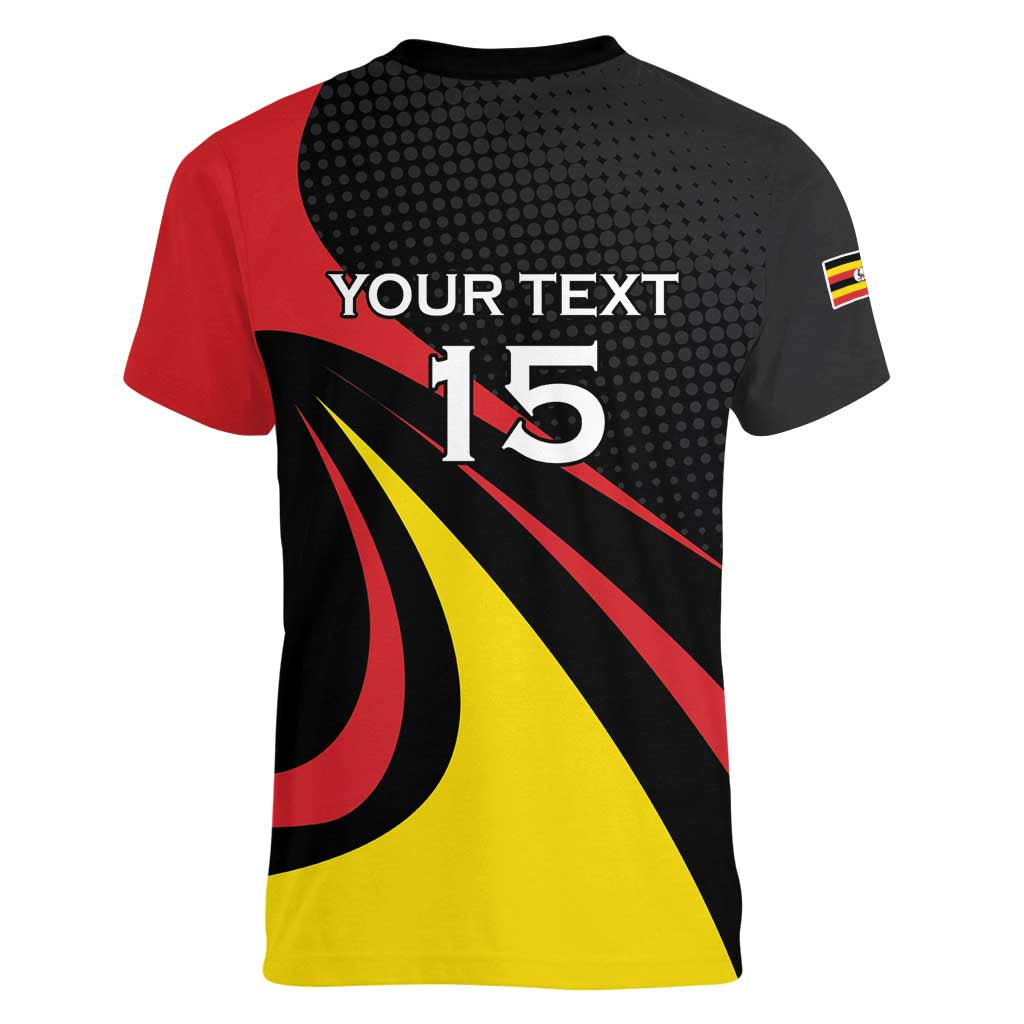 Uganda Rugby Custom Women V-Neck T-Shirt Black Crowned Crane Mascot - Sporty Style