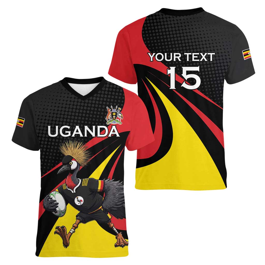 Uganda Rugby Custom Women V-Neck T-Shirt Black Crowned Crane Mascot - Sporty Style
