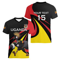 Uganda Rugby Custom Women V-Neck T-Shirt Black Crowned Crane Mascot - Sporty Style