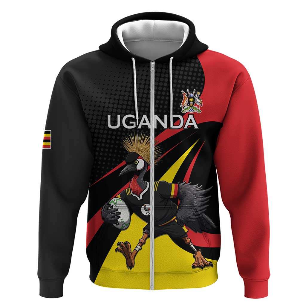 Uganda Rugby Custom Zip Hoodie Black Crowned Crane Mascot - Sporty Style