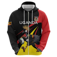 Uganda Rugby Custom Zip Hoodie Black Crowned Crane Mascot - Sporty Style