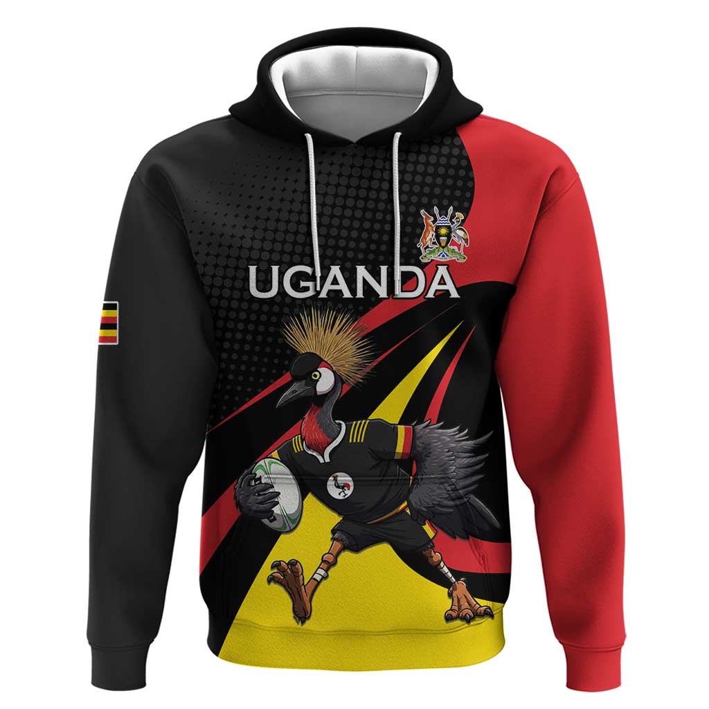 Uganda Rugby Custom Zip Hoodie Black Crowned Crane Mascot - Sporty Style