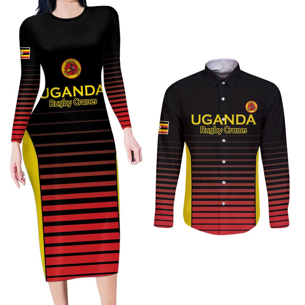 Uganda Rugby Custom Couples Matching Long Sleeve Bodycon Dress and Long Sleeve Button Shirt Go Cranes