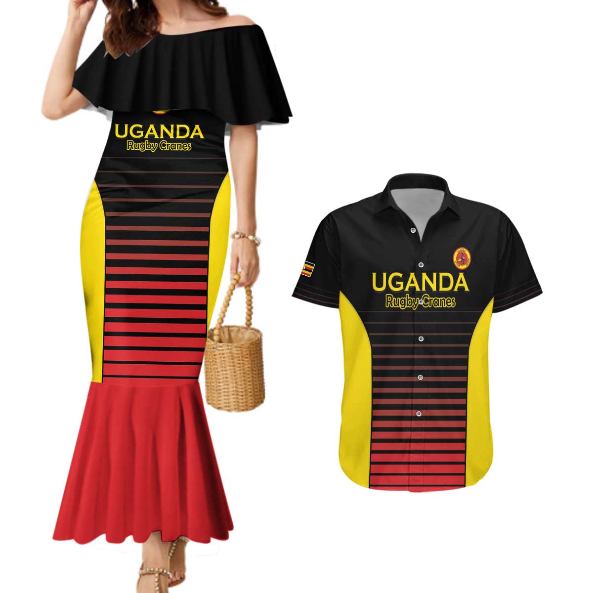 Uganda Rugby Custom Couples Matching Mermaid Dress and Hawaiian Shirt Go Cranes