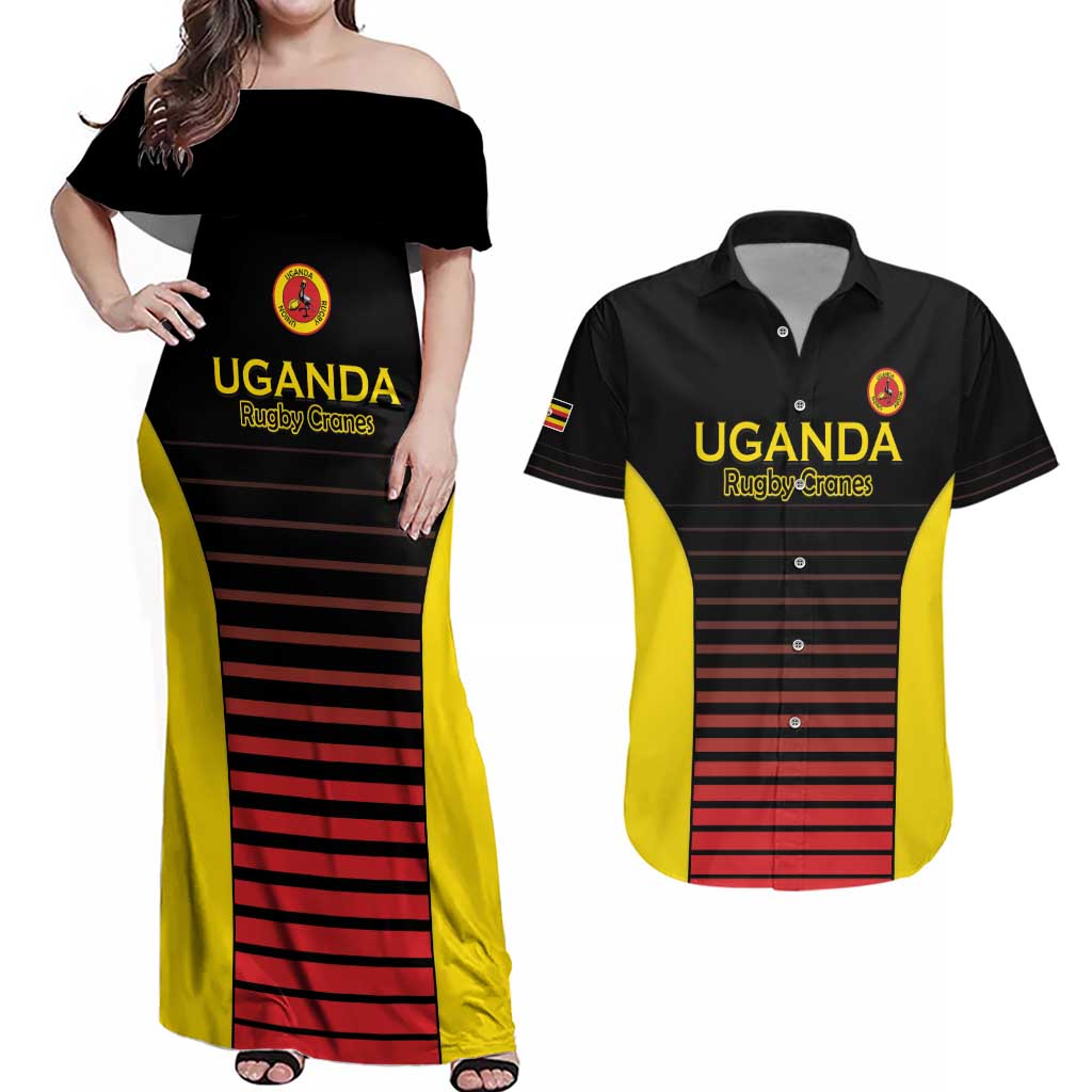 Uganda Rugby Custom Couples Matching Off Shoulder Maxi Dress and Hawaiian Shirt Go Cranes