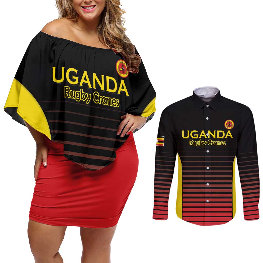Uganda Rugby Custom Couples Matching Off Shoulder Short Dress and Long Sleeve Button Shirt Go Cranes