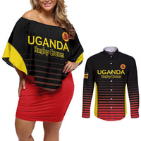 Uganda Rugby Custom Couples Matching Off Shoulder Short Dress and Long Sleeve Button Shirt Go Cranes