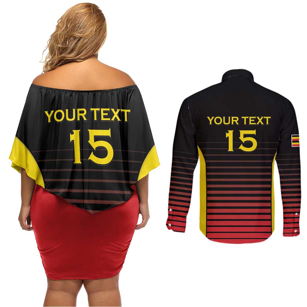 Uganda Rugby Custom Couples Matching Off Shoulder Short Dress and Long Sleeve Button Shirt Go Cranes
