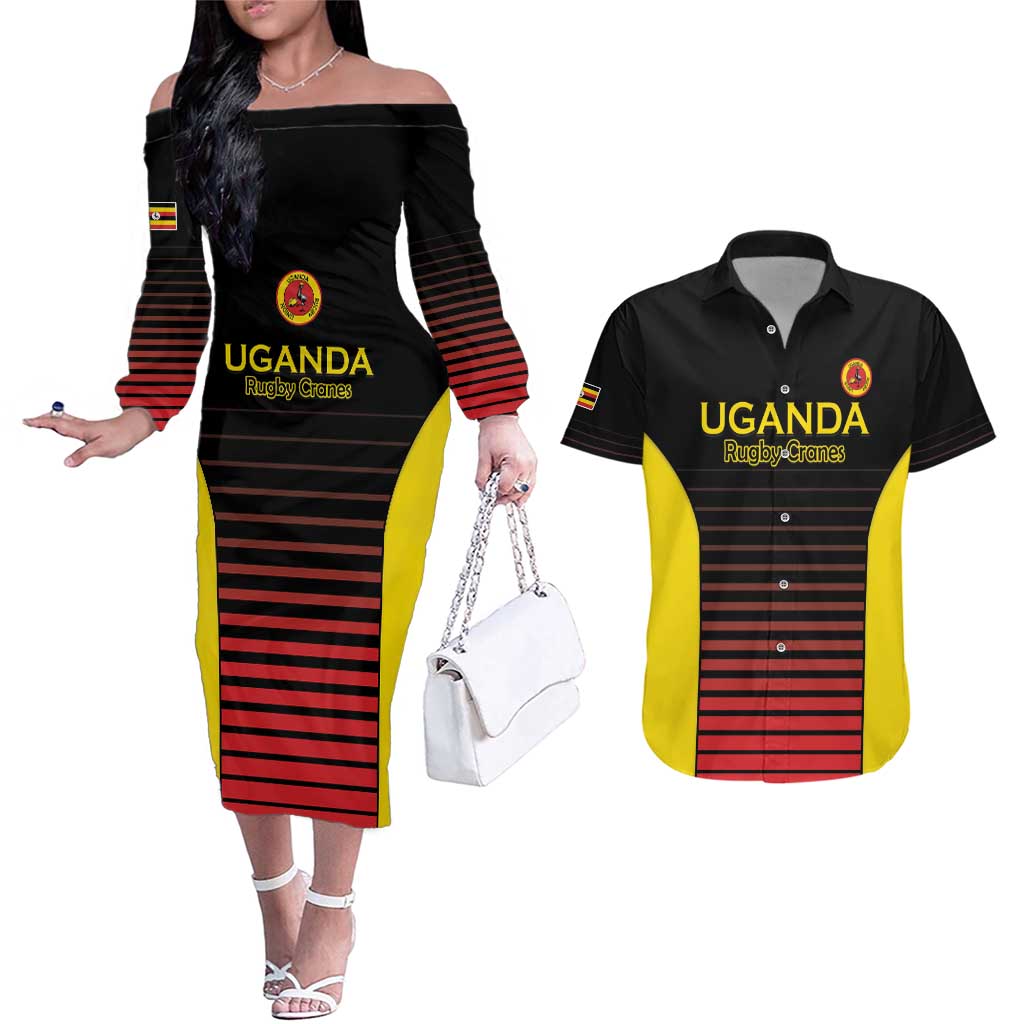 Uganda Rugby Custom Couples Matching Off The Shoulder Long Sleeve Dress and Hawaiian Shirt Go Cranes